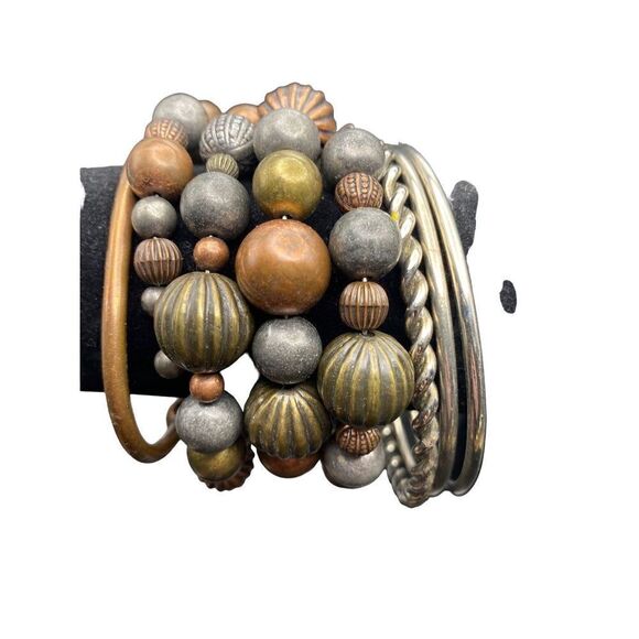 Mixed metal multi bangle bracelet set with wrap beaded bracelet and copper cuff - Picture 2 of 8